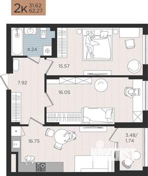2-к квартира, строящийся дом, 62м2, 2/10 этаж