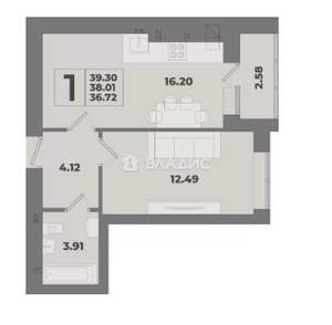 1-к квартира, сданный дом, 39м2, 7/10 этаж
