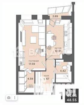 1-к квартира, вторичка, 49м2, 8/25 этаж