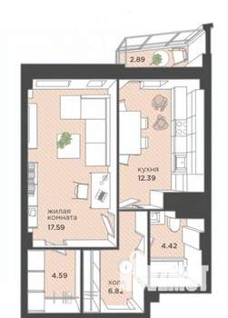 1-к квартира, вторичка, 50м2, 13/25 этаж