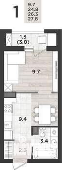 1-к квартира, вторичка, 26м2, 3/14 этаж