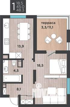 1-к квартира, вторичка, 48м2, 8/9 этаж