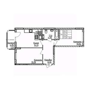 2-к квартира, строящийся дом, 55м2, 4/9 этаж