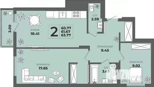 2-к квартира, строящийся дом, 62м2, 8/8 этаж