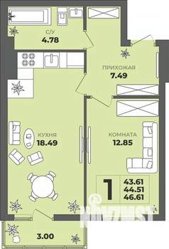 1-к квартира, строящийся дом, 45м2, 1/8 этаж
