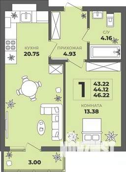 1-к квартира, вторичка, 44м2, 1/8 этаж