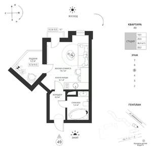 Студия квартира, вторичка, 33м2, 5/7 этаж