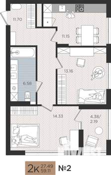 2-к квартира, вторичка, 59м2, 2/9 этаж