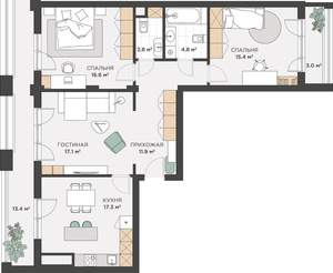 3-к квартира, сданный дом, 94м2, 3/12 этаж