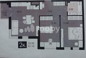 2-к квартира, вторичка, 61м2, 1/4 этаж