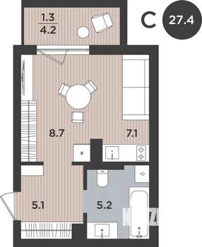 1-к квартира, вторичка, 27м2, 2/9 этаж