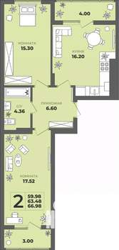 2-к квартира, строящийся дом, 63м2, 2/8 этаж