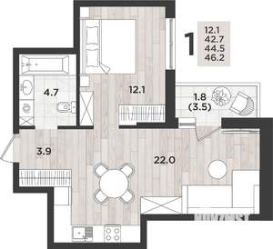 1-к квартира, вторичка, 45м2, 1/12 этаж