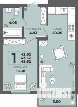 1-к квартира, строящийся дом, 44м2, 3/8 этаж