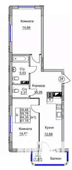 2-к квартира, вторичка, 61м2, 5/9 этаж