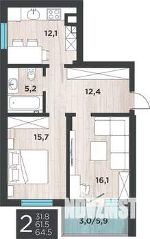 2-к квартира, вторичка, 65м2, 1/9 этаж