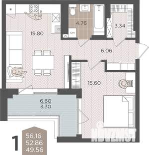 1-к квартира, вторичка, 53м2, 4/9 этаж