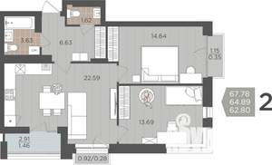 2-к квартира, вторичка, 65м2, 9/9 этаж