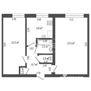 2-к квартира, вторичка, 44м2, 1/5 этаж