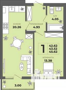 1-к квартира, строящийся дом, 44м2, 6/8 этаж
