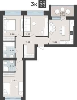 3-к квартира, строящийся дом, 75м2, 1/9 этаж