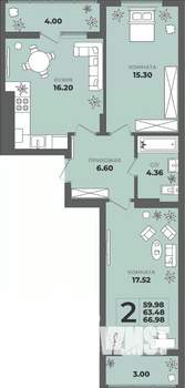 2-к квартира, вторичка, 63м2, 5/8 этаж