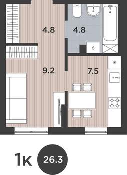 1-к квартира, вторичка, 26м2, 1/9 этаж
