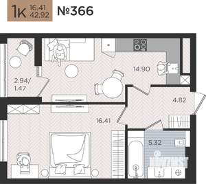 1-к квартира, вторичка, 43м2, 5/10 этаж