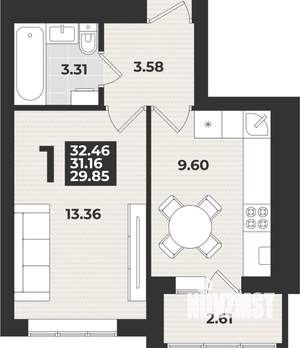 1-к квартира, строящийся дом, 32м2, 9/9 этаж
