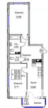 2-к квартира, вторичка, 61м2, 7/9 этаж
