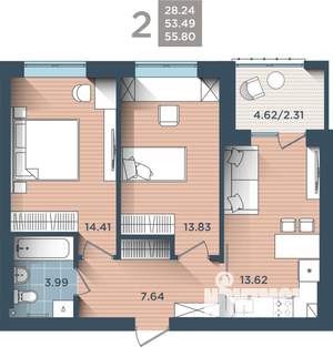 2-к квартира, строящийся дом, 56м2, 2/4 этаж