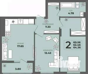 2-к квартира, строящийся дом, 62м2, 1/8 этаж
