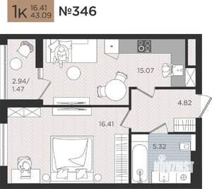 1-к квартира, вторичка, 43м2, 3/10 этаж