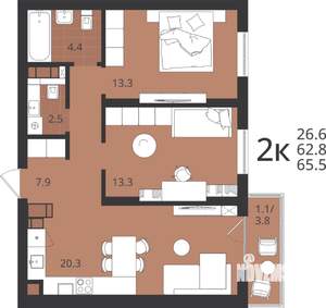 2-к квартира, вторичка, 63м2, 8/9 этаж