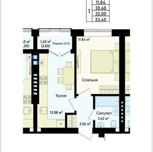 1-к квартира, сданный дом, 34м2, 1/4 этаж