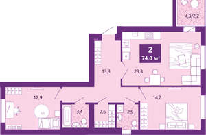 2-к квартира, сданный дом, 80м2, 2/4 этаж