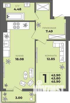 1-к квартира, строящийся дом, 44м2, 8/8 этаж