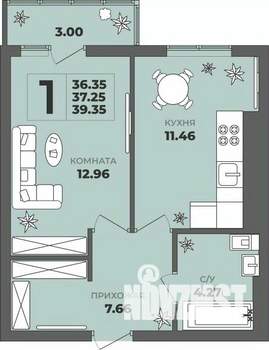 1-к квартира, строящийся дом, 37м2, 6/8 этаж