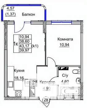 1-к квартира, вторичка, 40м2, 4/9 этаж