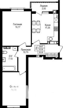 2-к квартира, строящийся дом, 66м2, 2/8 этаж