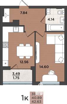 1-к квартира, сданный дом, 41м2, 1/8 этаж