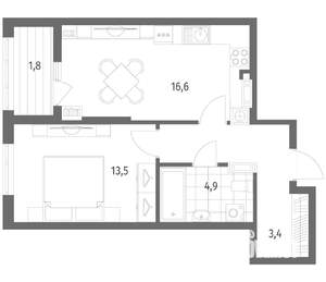 1-к квартира, вторичка, 46м2, 4/8 этаж