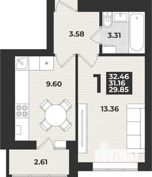 1-к квартира, вторичка, 32м2, 6/9 этаж