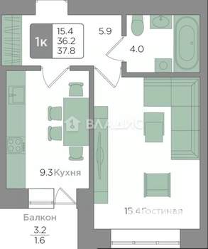 1-к квартира, вторичка, 37м2, 8/9 этаж