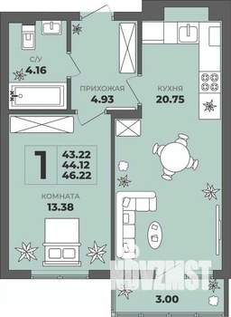 1-к квартира, строящийся дом, 44м2, 1/8 этаж