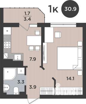 1-к квартира, строящийся дом, 31м2, 8/9 этаж