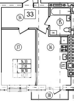 1-к квартира, строящийся дом, 39м2, 5/9 этаж