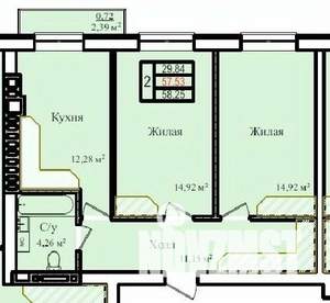 2-к квартира, строящийся дом, 58м2, 4/9 этаж