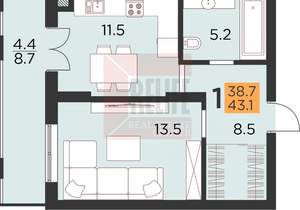 1-к квартира, вторичка, 43м2, 3/16 этаж