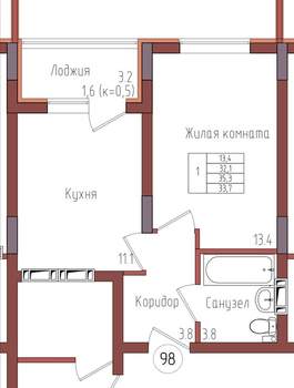 1-к квартира, вторичка, 34м2, 4/9 этаж